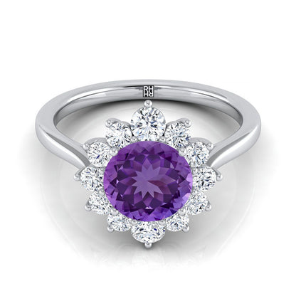 14K White Gold Round Brilliant Amethyst Floral Diamond Halo Engagement Ring -1/2ctw