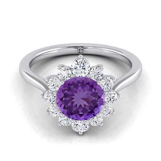 18K White Gold Round Brilliant Amethyst Floral Diamond Halo Engagement Ring -1/2ctw