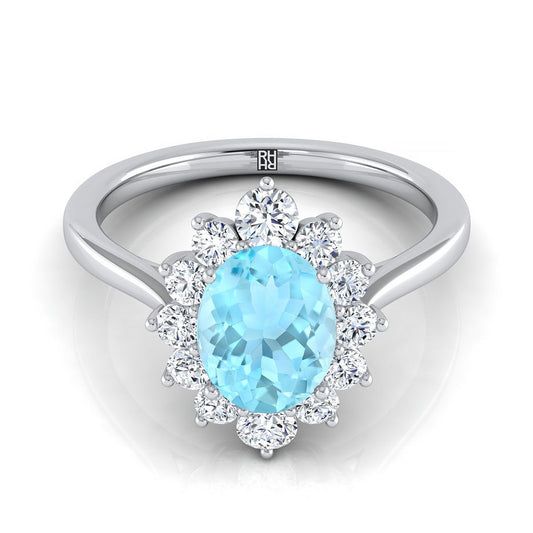 14K White Gold Oval Aquamarine Floral Diamond Halo Engagement Ring -1/2ctw