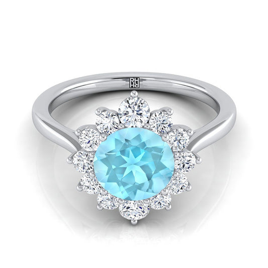 14K White Gold Round Brilliant Aquamarine Floral Diamond Halo Engagement Ring -1/2ctw