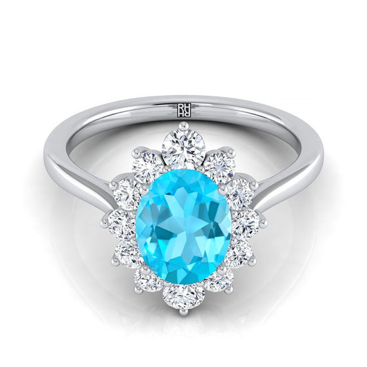 Platinum Oval Swiss Blue Topaz Floral Diamond Halo Engagement Ring -1/2ctw