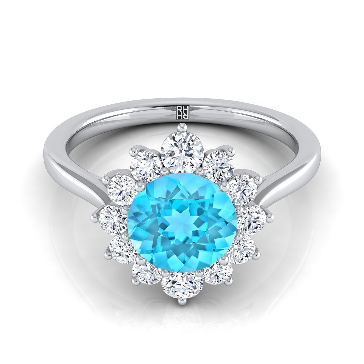 Platinum Round Brilliant Swiss Blue Topaz Floral Diamond Halo Engagement Ring -1/2ctw