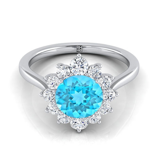 Platinum Round Brilliant Swiss Blue Topaz Floral Diamond Halo Engagement Ring -1/2ctw