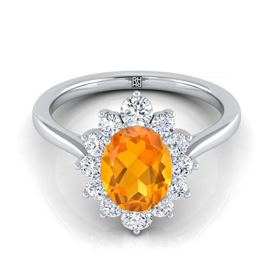 18K White Gold Oval Citrine Floral Diamond Halo Engagement Ring -1/2ctw