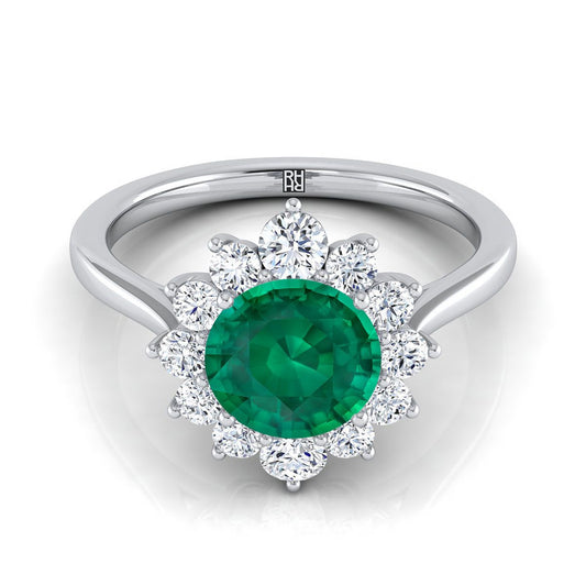 14K White Gold Round Brilliant Emerald Floral Diamond Halo Engagement Ring -1/2ctw