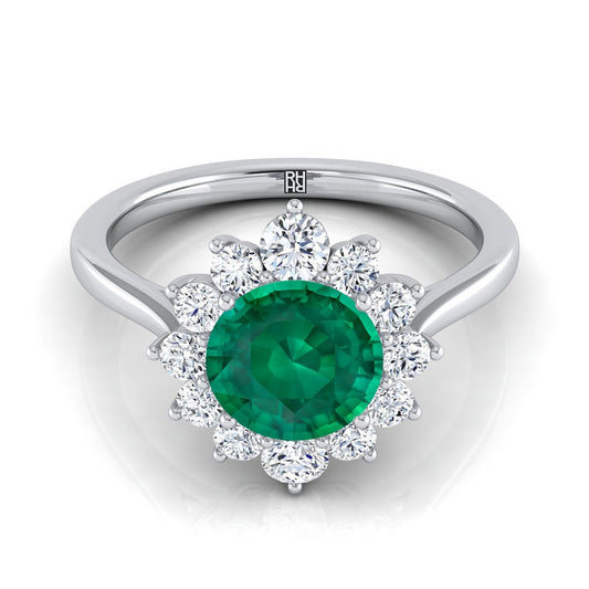Platinum Round Brilliant Emerald Floral Diamond Halo Engagement Ring -1/2ctw