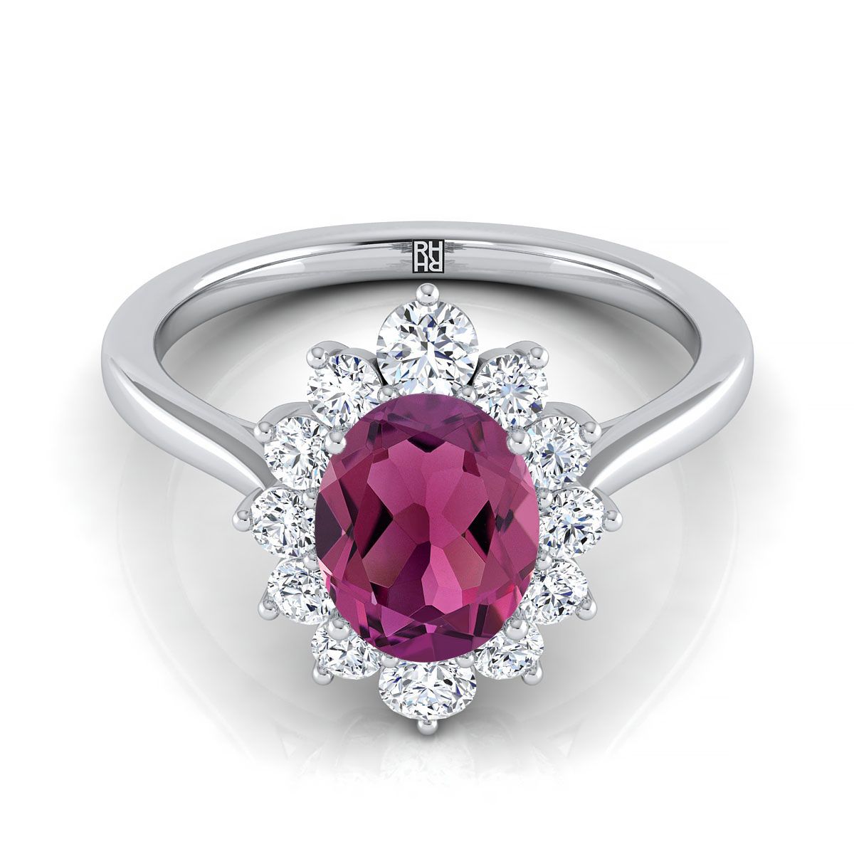 14K White Gold Oval Garnet Floral Diamond Halo Engagement Ring -1/2ctw