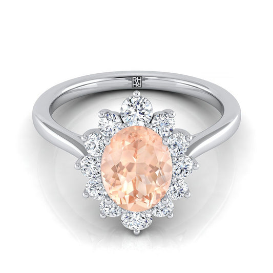 Platinum Oval Morganite Floral Diamond Halo Engagement Ring -1/2ctw