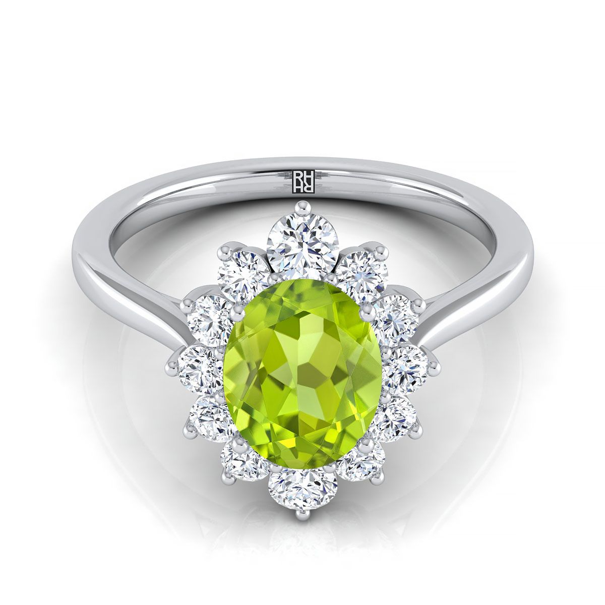 Platinum Oval Peridot Floral Diamond Halo Engagement Ring -1/2ctw