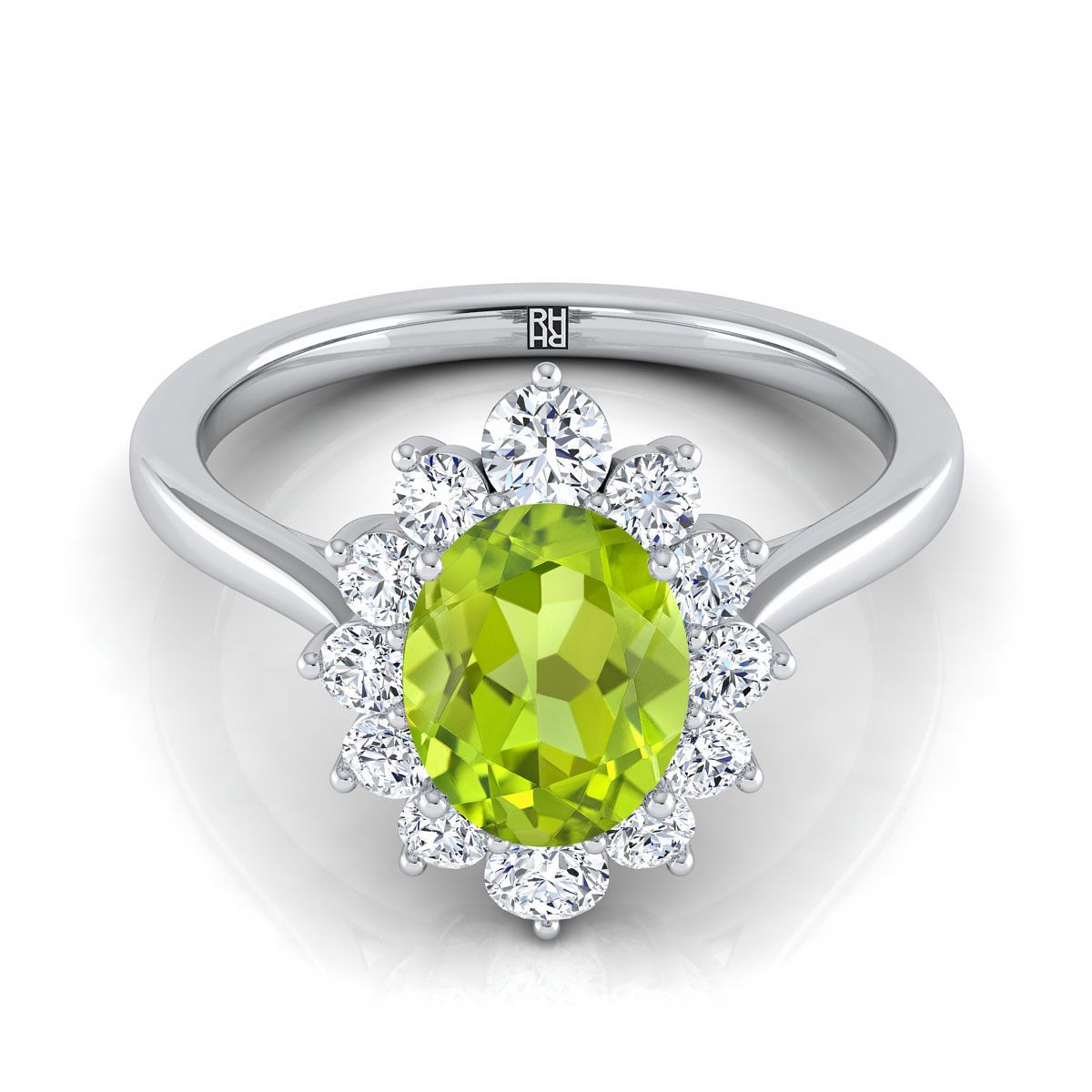 14K White Gold Oval Peridot Floral Diamond Halo Engagement Ring -1/2ctw