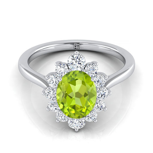 18K White Gold Oval Peridot Floral Diamond Halo Engagement Ring -1/2ctw