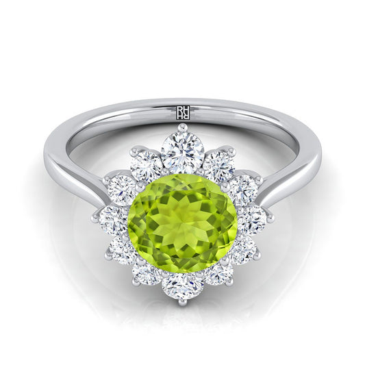 Platinum Round Brilliant Peridot Floral Diamond Halo Engagement Ring -1/2ctw
