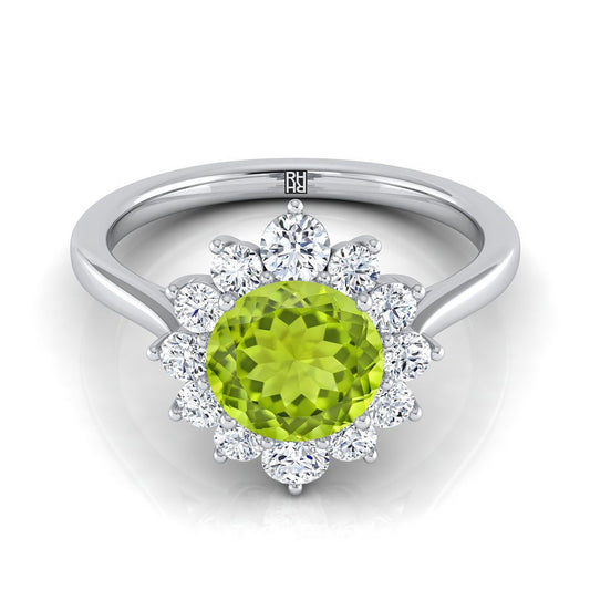 14K White Gold Round Brilliant Peridot Floral Diamond Halo Engagement Ring -1/2ctw