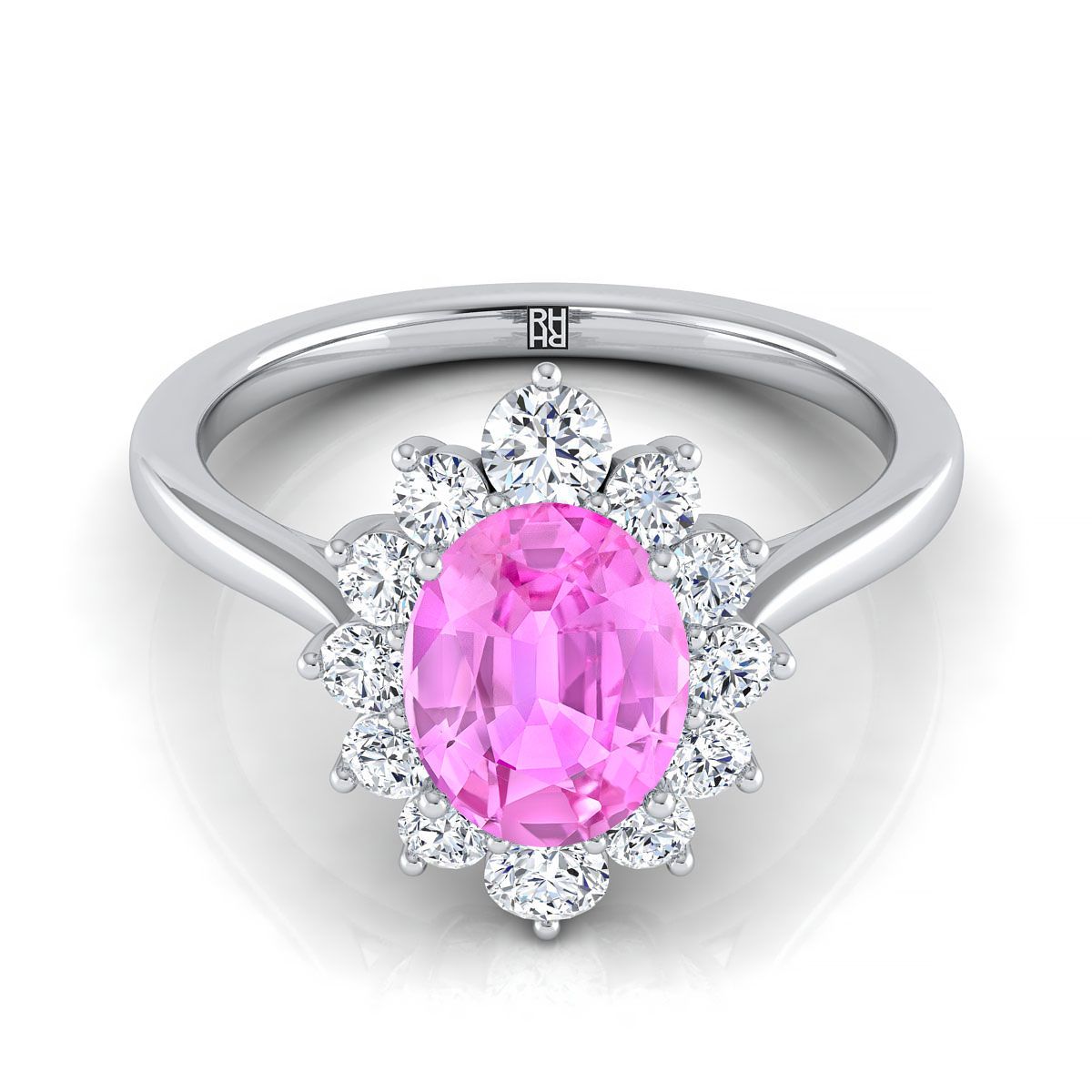 14K White Gold Oval Pink Sapphire Floral Diamond Halo Engagement Ring -1/2ctw