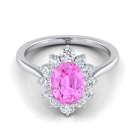 18K White Gold Oval Pink Sapphire Floral Diamond Halo Engagement Ring -1/2ctw
