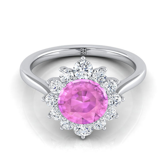 14K White Gold Round Brilliant Pink Sapphire Floral Diamond Halo Engagement Ring -1/2ctw