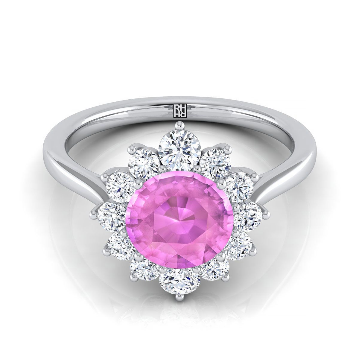 18K White Gold Round Brilliant Pink Sapphire Floral Diamond Halo Engagement Ring -1/2ctw