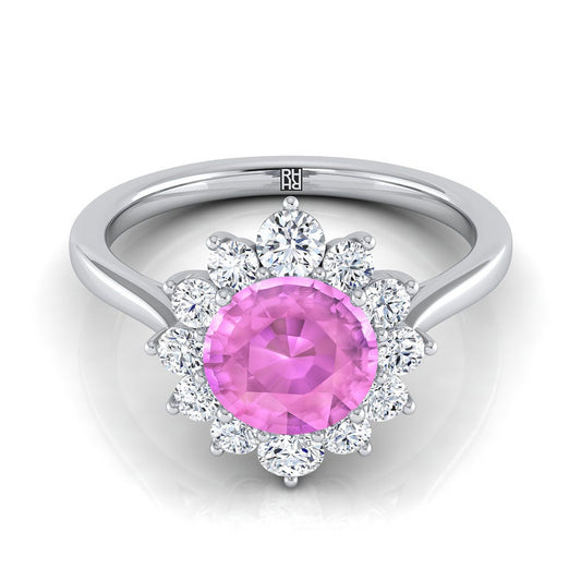 18K White Gold Round Brilliant Pink Sapphire Floral Diamond Halo Engagement Ring -1/2ctw