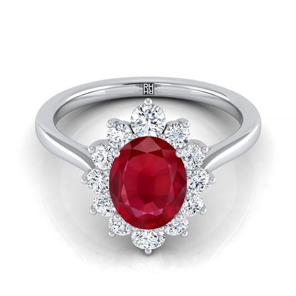 18K White Gold Oval Ruby Floral Diamond Halo Engagement Ring -1/2ctw