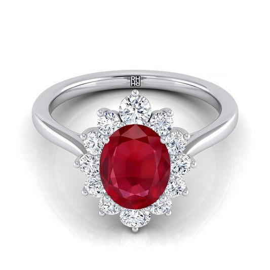 18K White Gold Oval Ruby Floral Diamond Halo Engagement Ring -1/2ctw