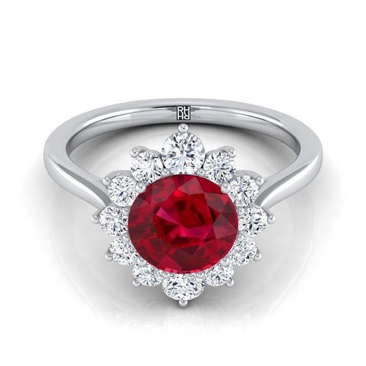 14K White Gold Round Brilliant Ruby Floral Diamond Halo Engagement Ring -1/2ctw