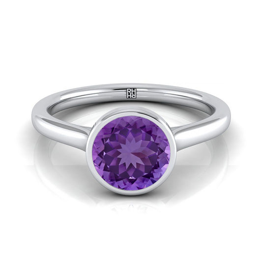 18K White Gold Round Brilliant Amethyst Simple Bezel Solitaire Engagement Ring