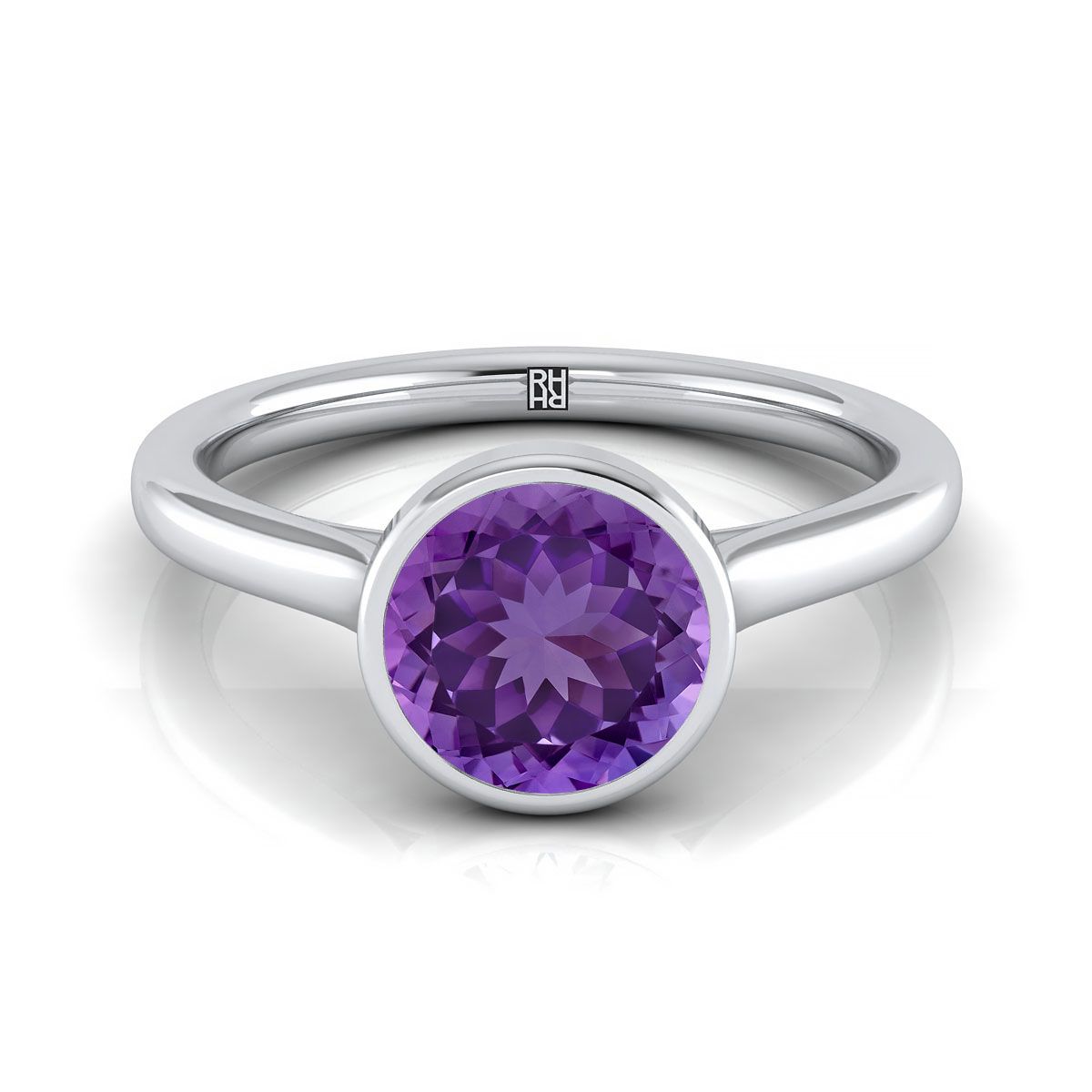 Platinum Round Brilliant Amethyst Simple Bezel Solitaire Engagement Ring