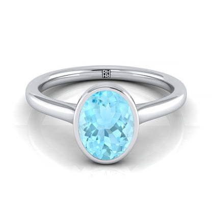 14K White Gold Oval Aquamarine Simple Bezel Solitaire Engagement Ring
