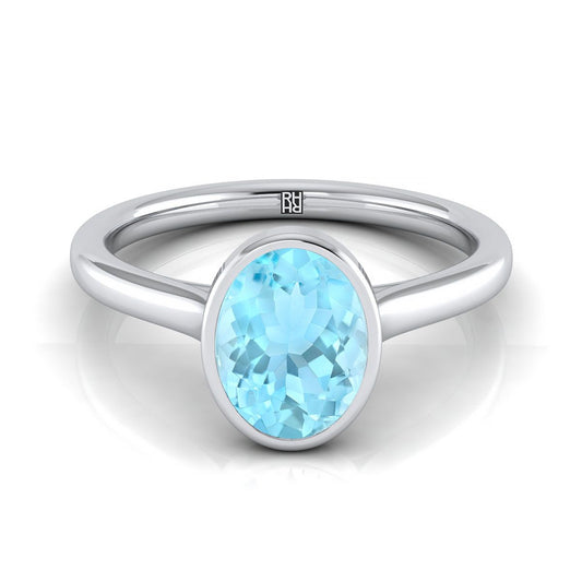 18K White Gold Oval Aquamarine Simple Bezel Solitaire Engagement Ring