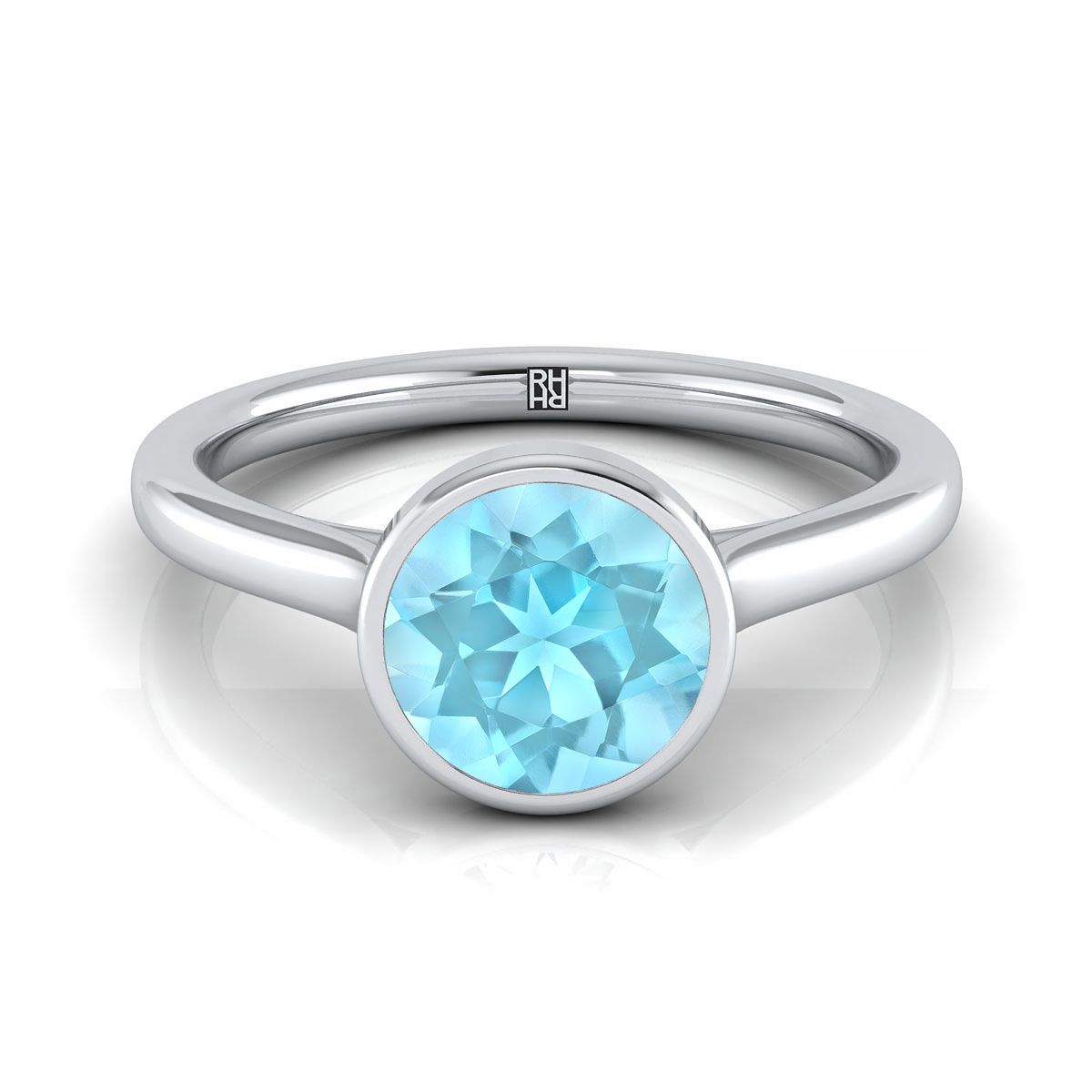 18K White Gold Round Brilliant Aquamarine Simple Bezel Solitaire Engagement Ring