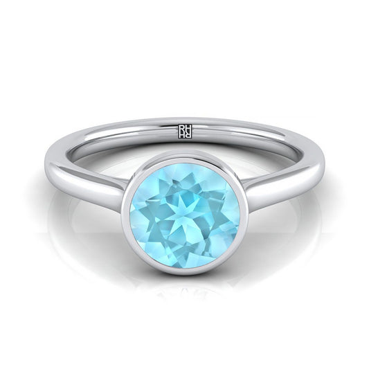 18K White Gold Round Brilliant Aquamarine Simple Bezel Solitaire Engagement Ring