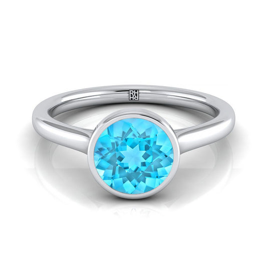 Platinum Round Brilliant Swiss Blue Topaz Simple Bezel Solitaire Engagement Ring