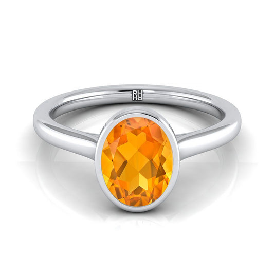14K White Gold Oval Citrine Simple Bezel Solitaire Engagement Ring