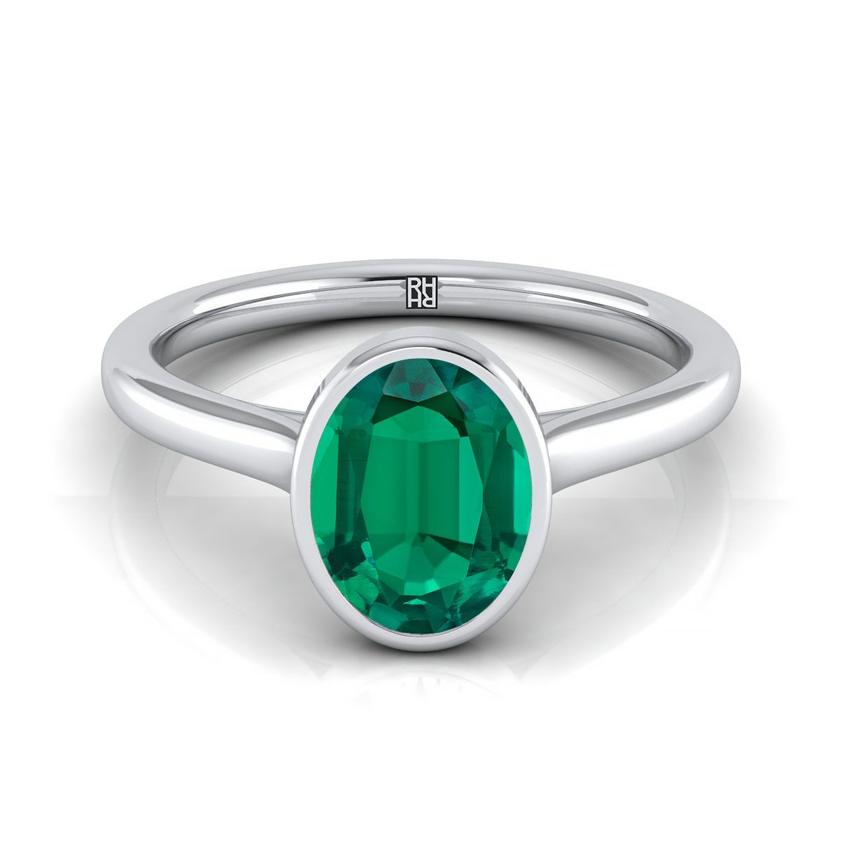 Platinum Oval Emerald Simple Bezel Solitaire Engagement Ring
