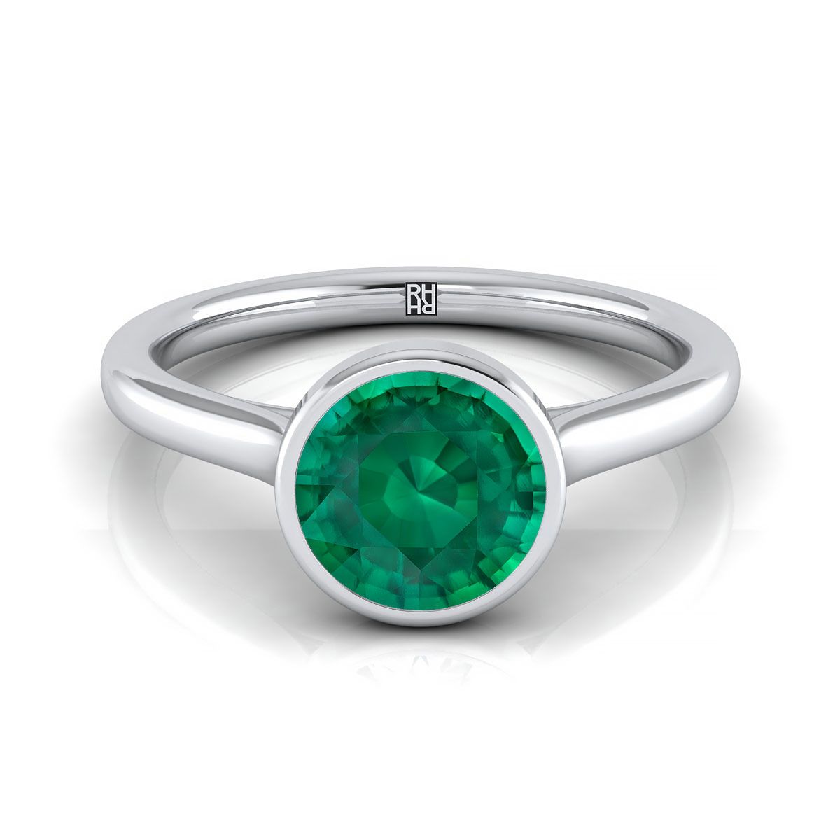 Platinum Round Brilliant Emerald Simple Bezel Solitaire Engagement Ring