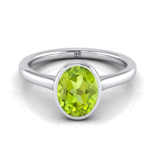 14K White Gold Oval Peridot Simple Bezel Solitaire Engagement Ring