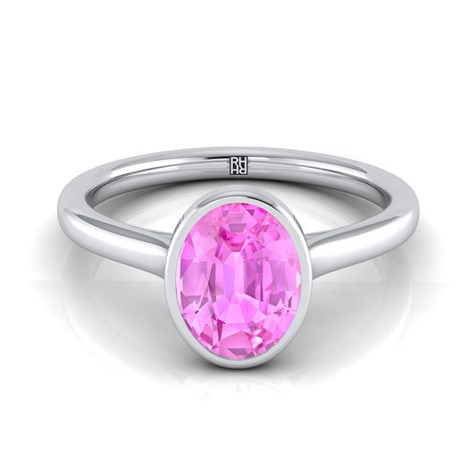 14K White Gold Oval Pink Sapphire Simple Bezel Solitaire Engagement Ring