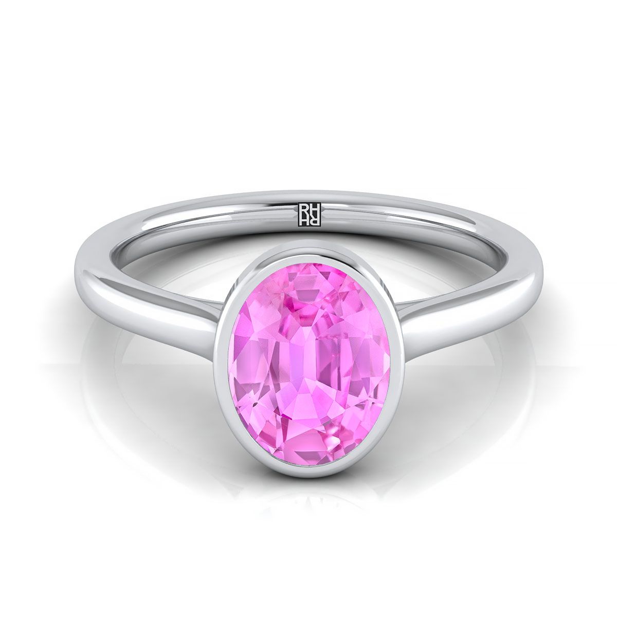 18K White Gold Oval Pink Sapphire Simple Bezel Solitaire Engagement Ring