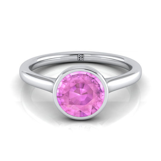 18K White Gold Round Brilliant Pink Sapphire Simple Bezel Solitaire Engagement Ring