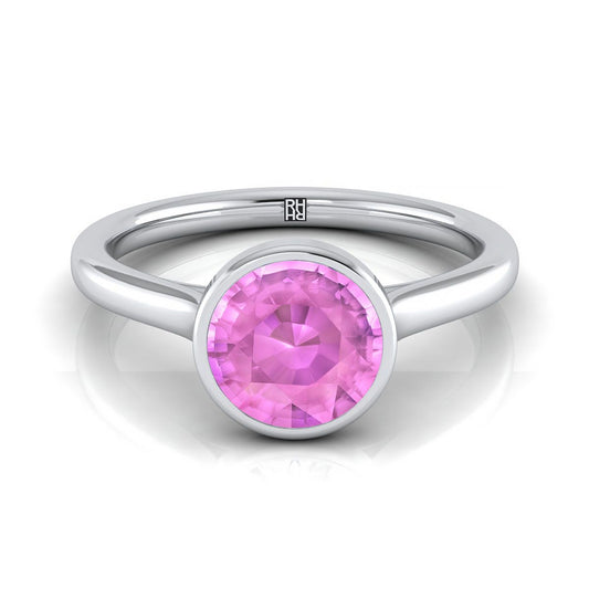 14K White Gold Round Brilliant Pink Sapphire Simple Bezel Solitaire Engagement Ring