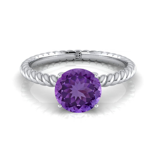 14K White Gold Round Brilliant Amethyst Twisted Rope Solitaire With Surprize Diamond Engagement Ring