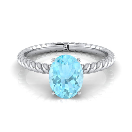 18K White Gold Oval Aquamarine Twisted Rope Solitaire With Surprize Diamond Engagement Ring