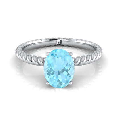 14K White Gold Oval Aquamarine Twisted Rope Solitaire With Surprize Diamond Engagement Ring