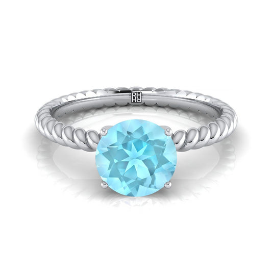 14K White Gold Round Brilliant Aquamarine Twisted Rope Solitaire With Surprize Diamond Engagement Ring