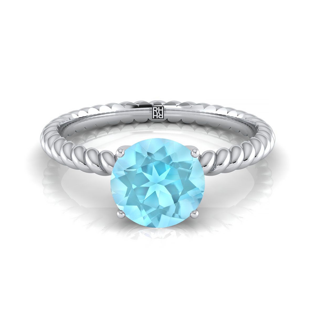 14K White Gold Round Brilliant Aquamarine Twisted Rope Solitaire With Surprize Diamond Engagement Ring
