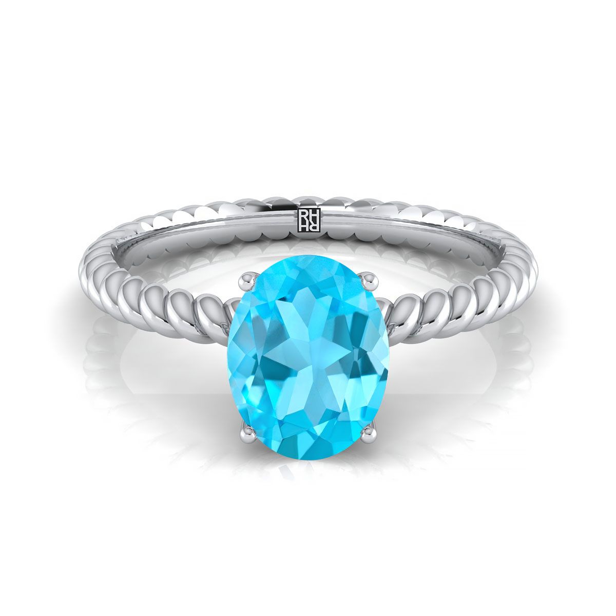 Platinum Oval Swiss Blue Topaz Twisted Rope Solitaire With Surprize Diamond Engagement Ring