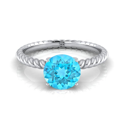 14K White Gold Round Brilliant Swiss Blue Topaz Twisted Rope Solitaire With Surprize Diamond Engagement Ring