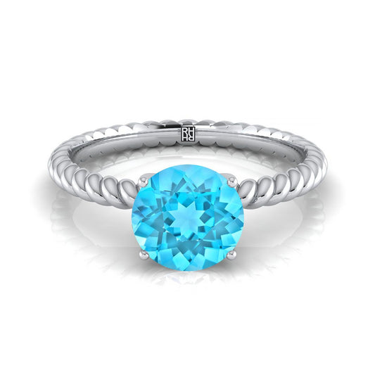 14K White Gold Round Brilliant Swiss Blue Topaz Twisted Rope Solitaire With Surprize Diamond Engagement Ring