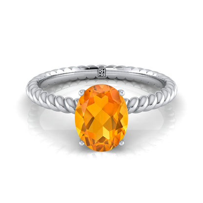 18K White Gold Oval Citrine Twisted Rope Solitaire With Surprize Diamond Engagement Ring