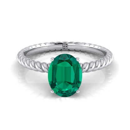 18K White Gold Oval Emerald Twisted Rope Solitaire With Surprize Diamond Engagement Ring